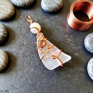 Wire Wrapped Tumbled Glass & Fire Agate Pendant! Unique One-of-a-kind